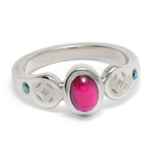 silver ring with garnet and blue diamonds