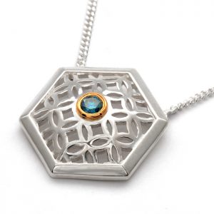 sterling silver haxagon pendant with blue diamond