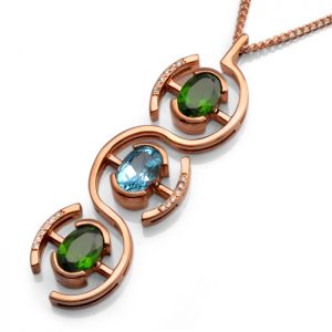 9ct rose gold pendant with green chrome diopside, blue topaz and diamonds