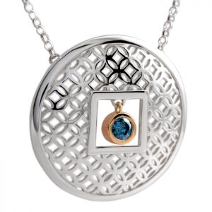 sterling silver and 18ct yellow gold circle pendant with blue diamond