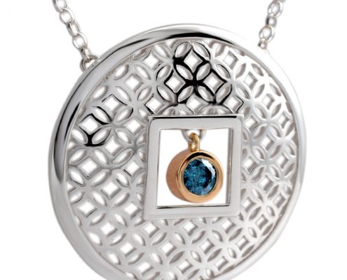 sterling silver and 18ct yellow gold circle pendant with blue diamond