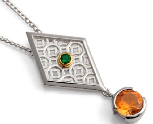 sterling silver pendant with 18ct yellow gold accent, emerald and citrine