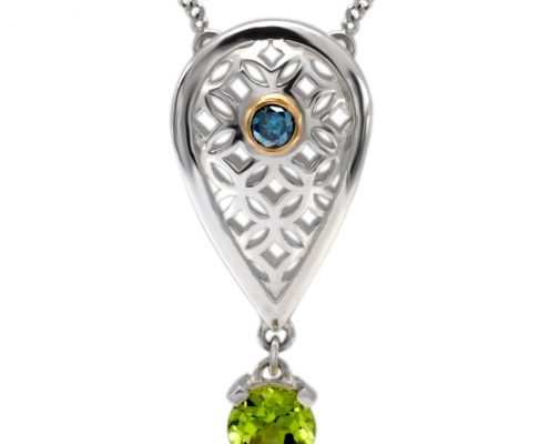 sterling silver peardrop pendant with peridot and blue diamond