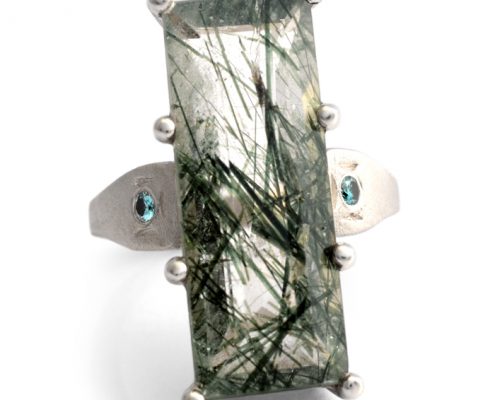 silver ring with actinolite and blue diamonds