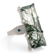 silver ring with actinolite and blue diamonds